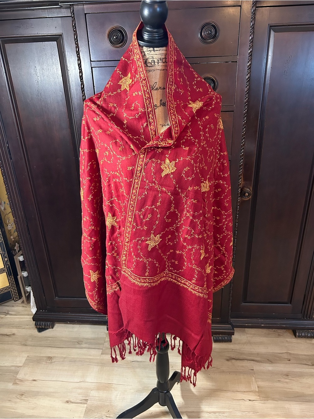 Red Embroidered Fringe Wrap Scarf